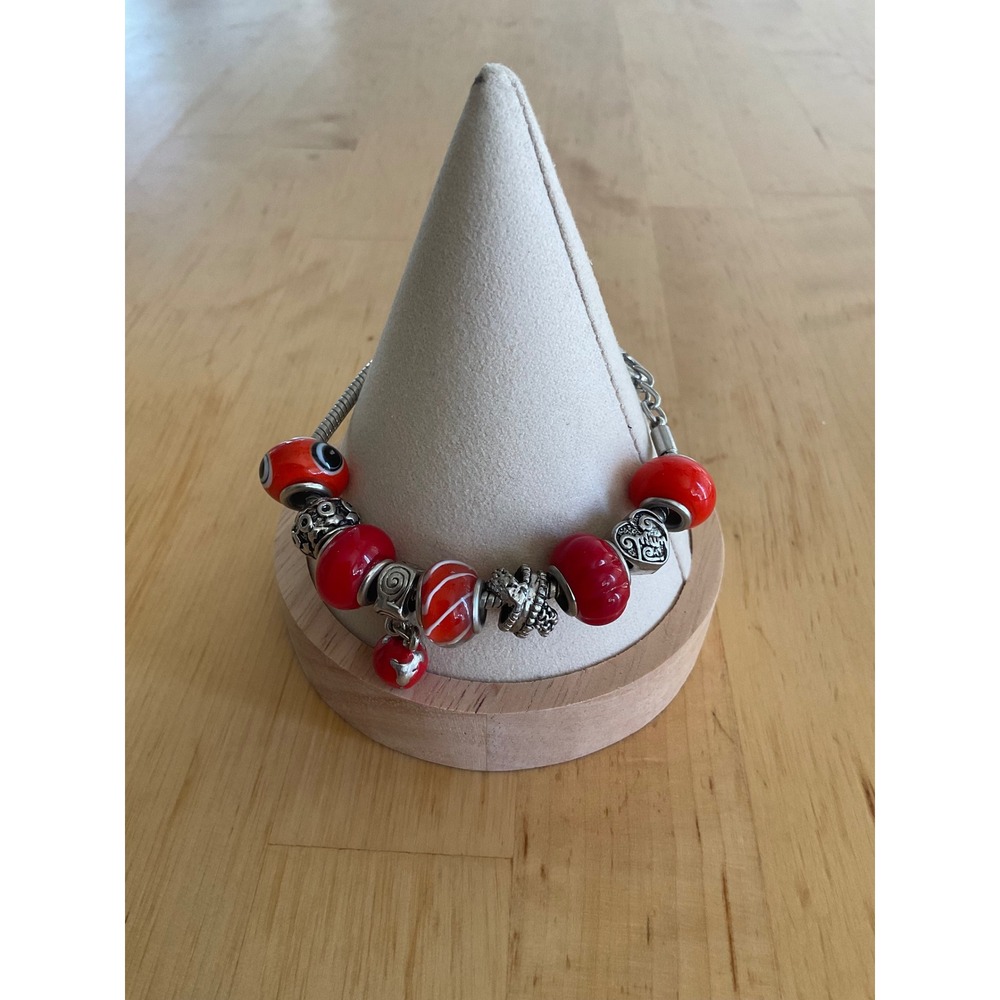 Red Glass Bead Charm Bracelet Silver Tone Snake Chain Heart Mum Evil Eye